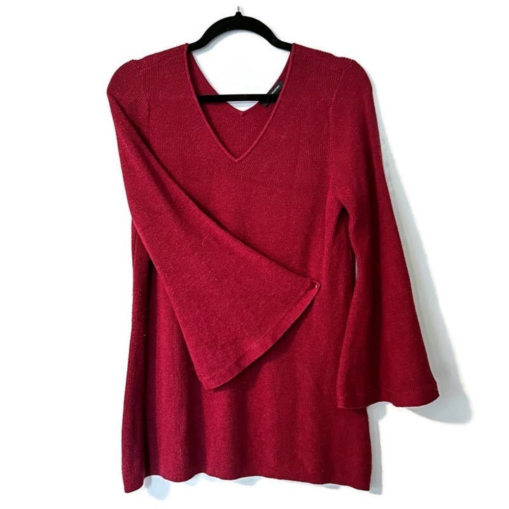 H by Halston Ribbed V-Neck Bell Sleeve Sweater, Medium